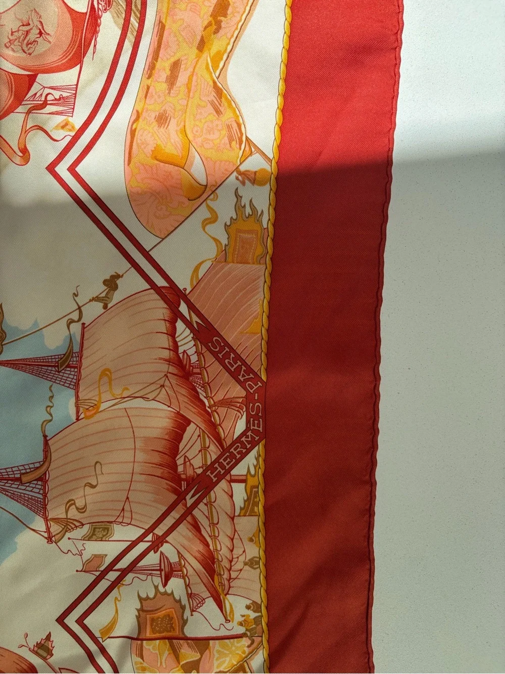 Hermes Red and Yellow Silk Scarf Corner Detail - Picture 6 of 10